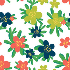 Roughly drawn spring flowers. Abstract seamless pattern on white background. Universal bright background for greeting cards, invitations. Hand drawing illustration. Textile Wrapping paper background