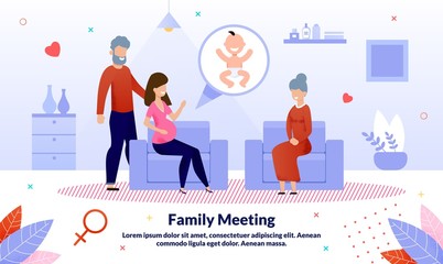 Family Relationships, Relatives Meeting and Conversation During Pregnancy Trendy Flat Vector Banner, Poster Template. Pregnant Woman and Husband Meeting with Mother or Grandmother at Home Illustration