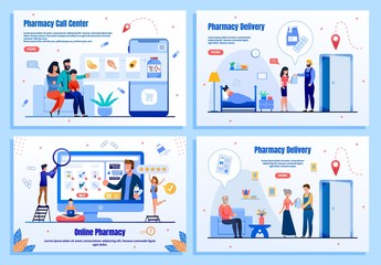 Fototapeta na wymiar Pharmacy Delivery, Call Center, Shopping Services Trendy Flat Vector Web Banners, Landing Pages Set. Parents Purchasing Vitamins, Mother Buying Medicines, Senior People Receiving Order Illustration