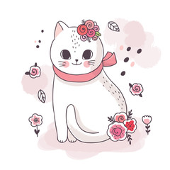 Cartoon cute adorable white cat and  flower vector.