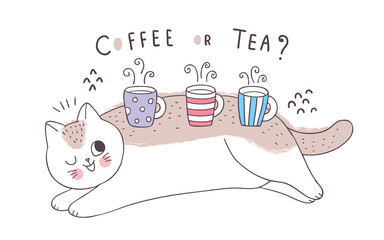 Cartoon cute cat and cups coffee and tea vector.