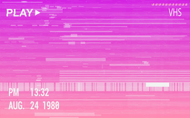 Fototapeta premium VHS camera effect with glitch. Retro pink background, effect old video, tape rewind or no signal TV screen. VHS glitch. Vector illustration vaporwave style with holographic neon stains. Digital art
