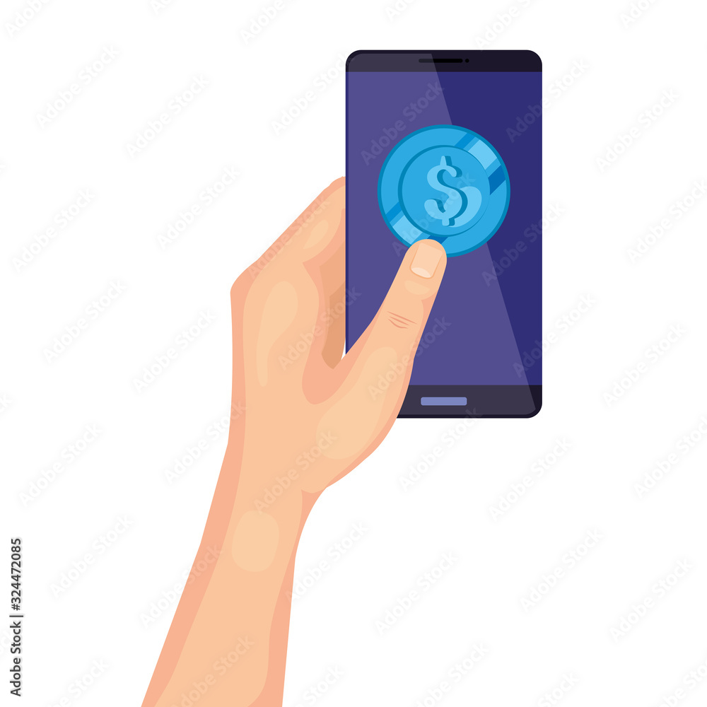 Poster hand using smartphone with coin isolated icon vector illustration design