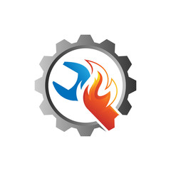 fire wrench and gear colorful vector logo illustration