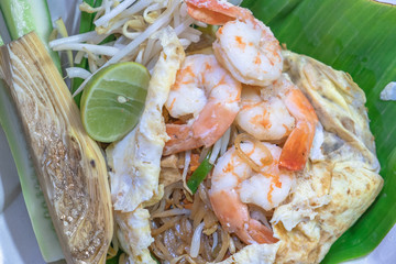 Close-up Pad Thai, Thai traditional food noodles with fresh shrimps and vegetables. Front view