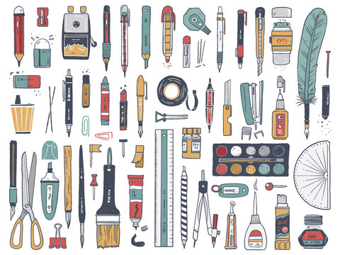 the hand drawn vector set of stationary.
