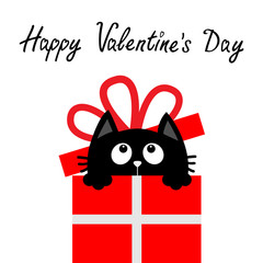 Happy Valentines Day. Cat inside red giftbox with bow. Cute cartoon kawaii funny animal. Kitten looking up. Kitty holding gift present box. Flat design. White background. Isolated.