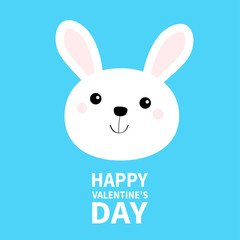 Happy Valentines Day. White bunny rabbit hare face head round icon. Cute kawaii cartoon funny character. Baby greeting card. Blue background. Flat design.