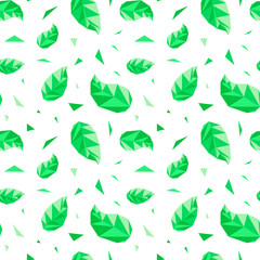 Seamless pattern green leaves. Low poly background. Green sprouts.  Leaves isolated on white background.
