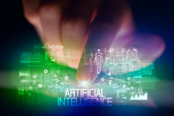 Finger touching tablet with web technology icons and ARTIFICIAL INTELLIGENCE inscription