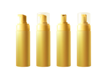 Realistic golden blank bottle with dispenser isolated on white background