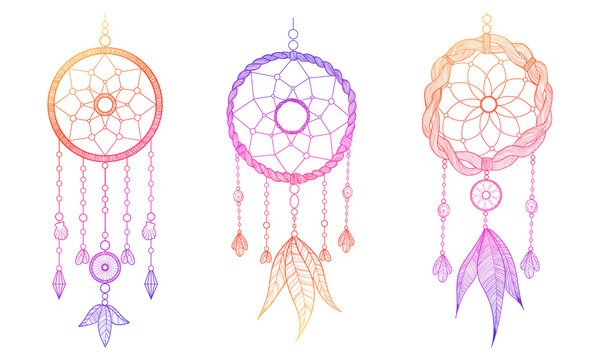 Hand drawn vector illustration of dream catcher in line work style. Dreamcatcher decorated with feathers and beads in countur drawing with gradient
