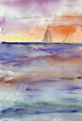 watercolor abstract texture sea with yachts at sunset