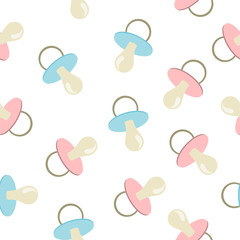 Seamless background with pink and blue pacifiers.  Illustration of baby pacifier icon isolated on white. Can be used for postcards, invitations, baby shower, web, textile and other.