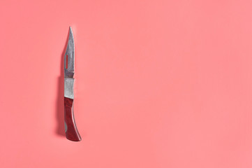 One metal tourist knife with wooden handle. Survival concept. Top view. Copy space
