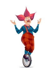 Clown balancing on unicycle wheel, circus and funfair carnival, vector performer. Clown in red wig performing juggling on bicycle wheel on big top circus arena © Vector Tradition