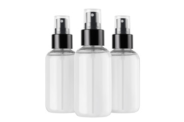 Spray bottles collection for cosmetics product with transparent liquid isolated on white background, mock up for branding, advertising, design.