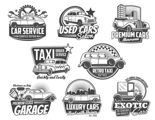 Vintage car and auto repair service spare part vector badges. Retro automobiles with vehicle engine piston, mechanical gear, spanner and wrench icons, mechanic garage, taxi, used cars salon emblems - obrazy, fototapety, plakaty