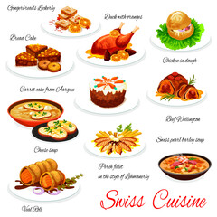 Swiss Christmas dishes of vector meat, fish, vegetable dessert. Beef Wellington, cheese soup and veal roll, gingerbread, duck with oranges and carrot cake, nut raisin bread, perch fillet, barley soup