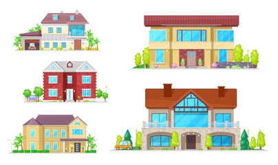 Building icons of vector houses, cottages and villas, real estate and architecture design. Village and town properties, house exteriors with windows, roofs and doors, garages, balconies and mansards