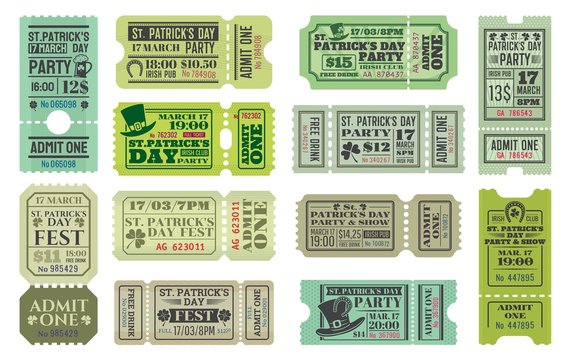 St Patricks Day party ticket vector templates of Irish pub religious holiday celebration. Admit one coupons with shamrock and green beer, leprechaun hats, lucky clover leaves and horseshoes