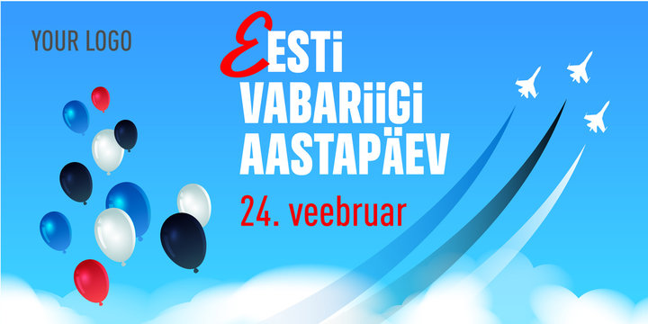 ПечатьRepublic of Estonia Independence Day (Eesti Vabariigi aastapäev), 24 February. Balloons in the colors of the Estonia flag and the air show. Vector greeting card, poster, web banner template. - Powered by Adobe