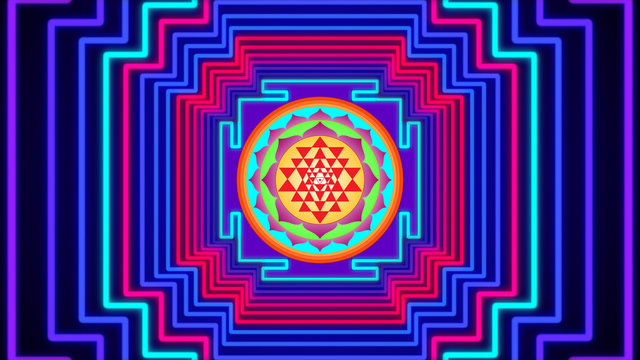 Mystical Diagram Form Sri Yantra Mandala With Colorful Square Lines Geometric Tunnel Glowing Neon Light Pattern