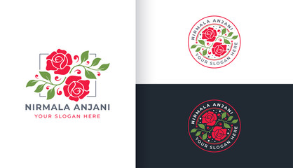 Rose Flower Logo With Circle Badge template - obrazy, fototapety, plakaty