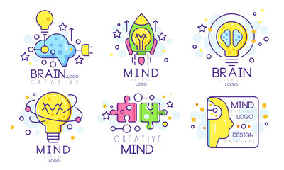 Mind Energy Original Logo Design Templates Collection, Creative Brain Vector Illustration on White Background