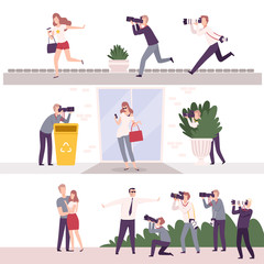 Collection of Paparazzi with Cameras Following Celebrities, Famous People Posing to Photographers at Movie Festival, Premiere, Ceremony Show Flat Vector Illustration