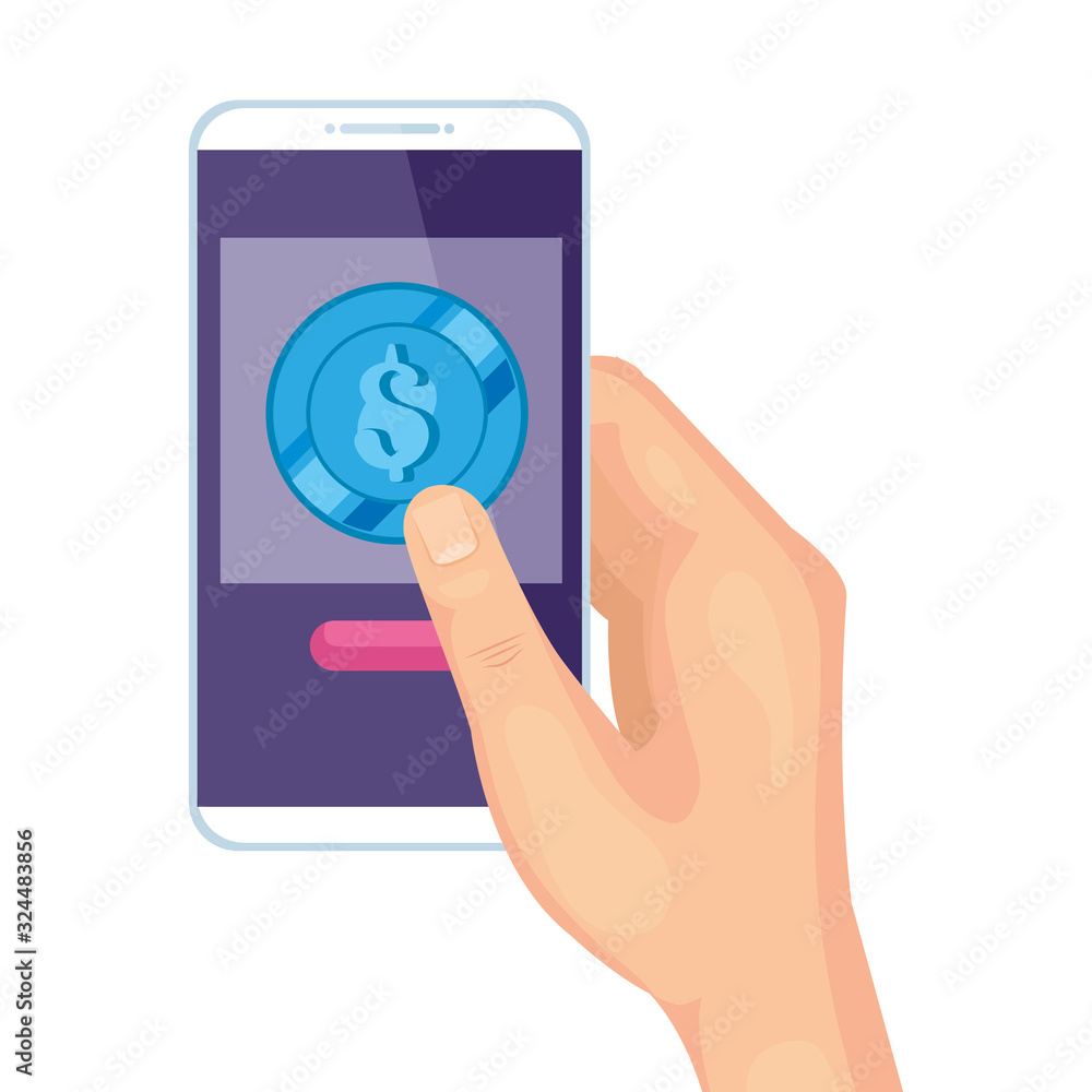 Poster hand using smartphone with coin isolated icon vector illustration design