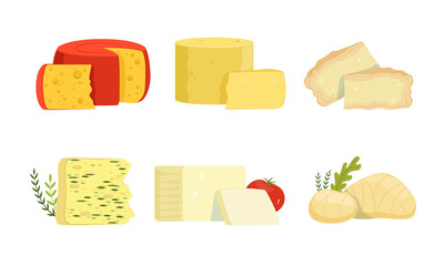 Various Varieties of Cheese Collection, Delicious Fresh Dairy Products Vector Illustration on White Background