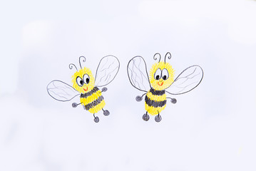 two cute little bees on white background, childrens drawing