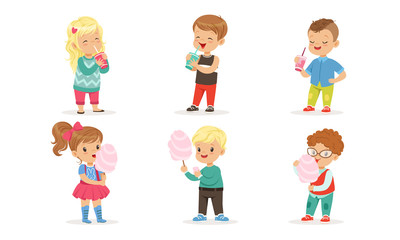 Collection of Cute Happy Boys and Girls Enjoying Eating Cotton Candy and Drinking Cocktails Vector Illustration on White Background