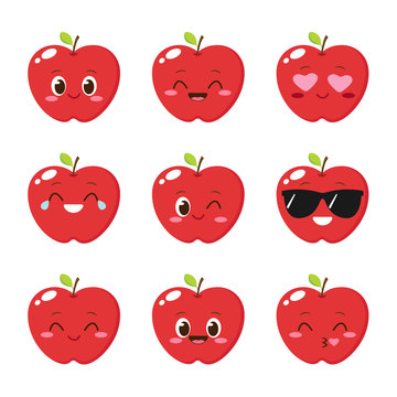Cute red apple emoticon set