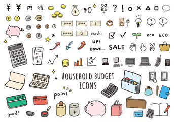家計にまつわる手描き風アイコンのセット