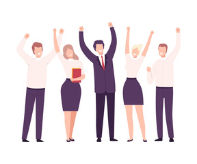 Business People Celebrating Victory, Business Team Achievement, Employees Characters Dressed in Suits Standing with Their Hands Up Flat Vector Illustration