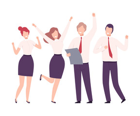 Business People Celebrating Victory, Employees Characters Dressed in Business Suits Standing with Their Hands Up Flat Vector Illustration