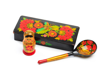 hohloma products -casket, nesting doll and spoon - Image