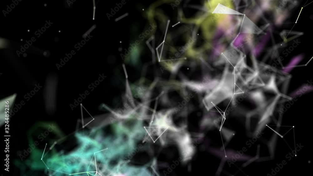 Poster multi-colored particles fly slowly against a black background, connect and disconnect. abstract anim