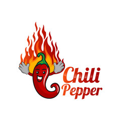 Red Hot Chili Pepper Character With Burning Flames/ Illustration of a funny cartoon red hot chili pepper spice, with burning flames for mexican and south american food recipe