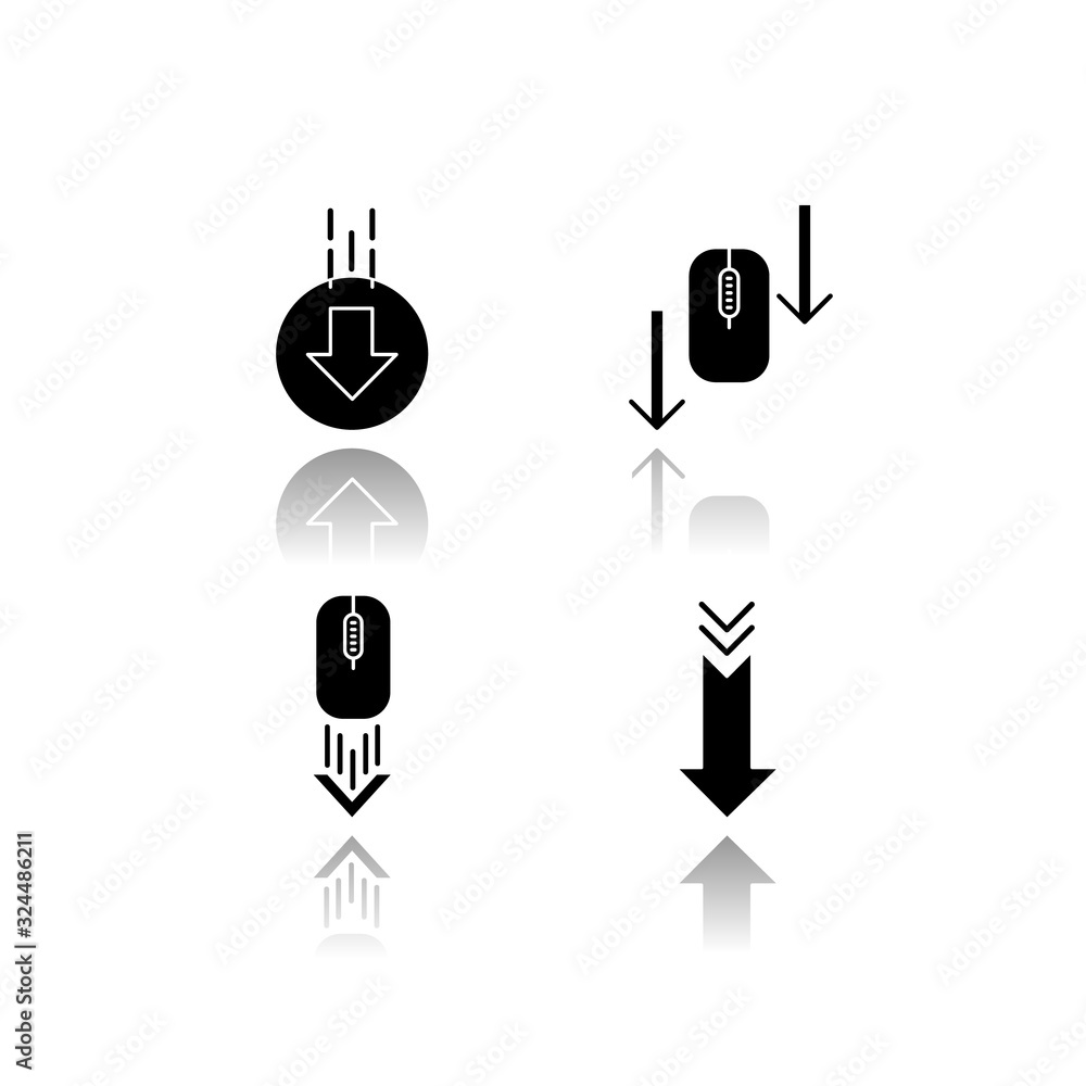 Poster computer mouse and arrowheads drop shadow black glyph icons set. scrolling down and uploading indica