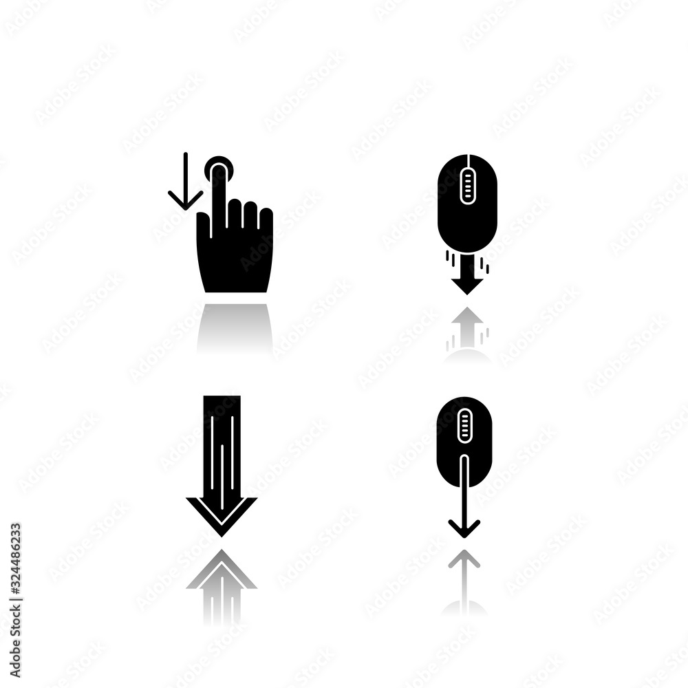 Poster scrolldown drop shadow black glyph icons set. swipe down indicators for smartphone touchscreen. arro