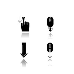 Scrolldown drop shadow black glyph icons set. Swipe down indicators for smartphone touchscreen. Arrows mobile app interface navigational buttons. Isolated vector illustrations on white space