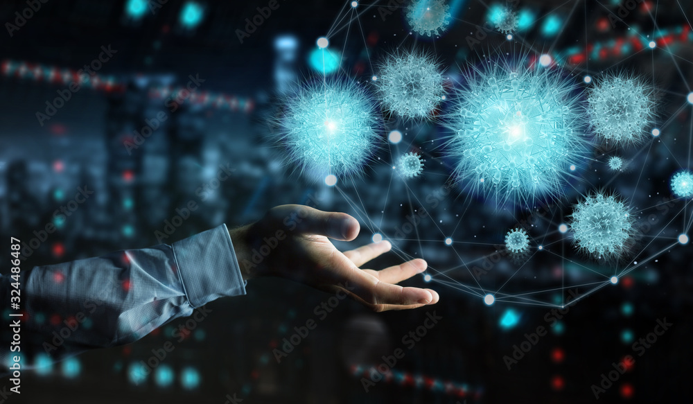 Poster Man analyzing bacteria with digital holographic projection close-up 3D rendering