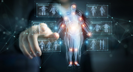 Man using digital x-ray human body holographic scan projection 3D rendering