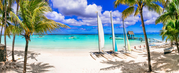 Splendid panoramic view of beautiful tropical beach Trou aux Biches in Mauritius island