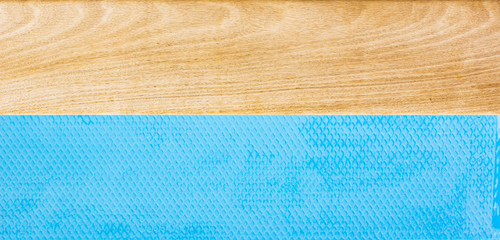simple background wood material deck floor textured surface and classic blue water wallpaper patter mock up space for copy or your text