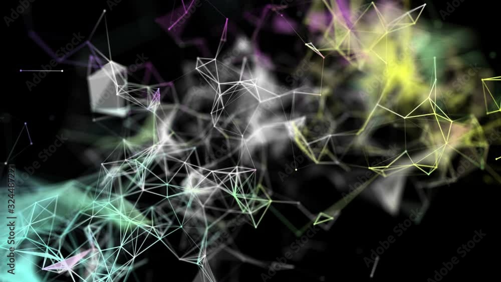 Poster multi-colored particles fly slowly against a black background, connect and disconnect. abstract anim