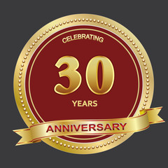 30th years anniversary, golden vector design background for celebration, invitation or greeting card, logotype template